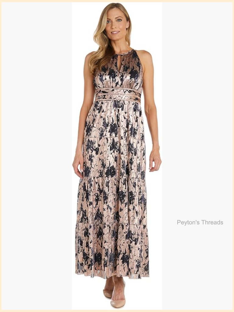 Metallic Bloom Pleated Maxi Dress - Formal Halter Keyhole Neckline